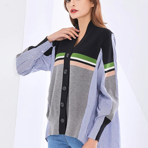 Load image into Gallery viewer, Hit Color Striped Shirts For Women V Neck Lantern Sleeve Streetwear Autumn Blouse Female Fashion Clothing
