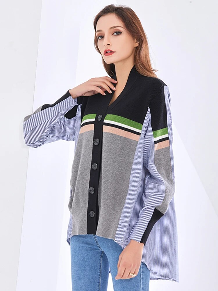 Hit Color Striped Shirts For Women V Neck Lantern Sleeve Streetwear Autumn Blouse Female Fashion Clothing