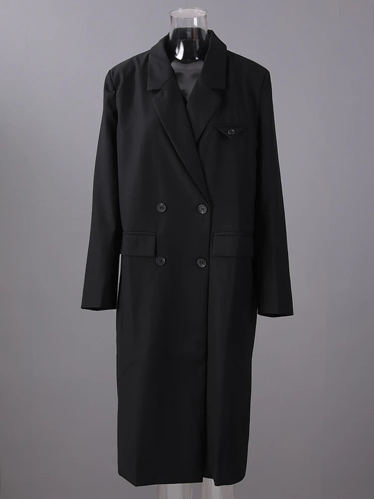 Women Black Double Breasted Big Size Long Blazer New Lapel Long Sleeve Jacket Fashion Tide Spring Autumn 2025 2R6701
