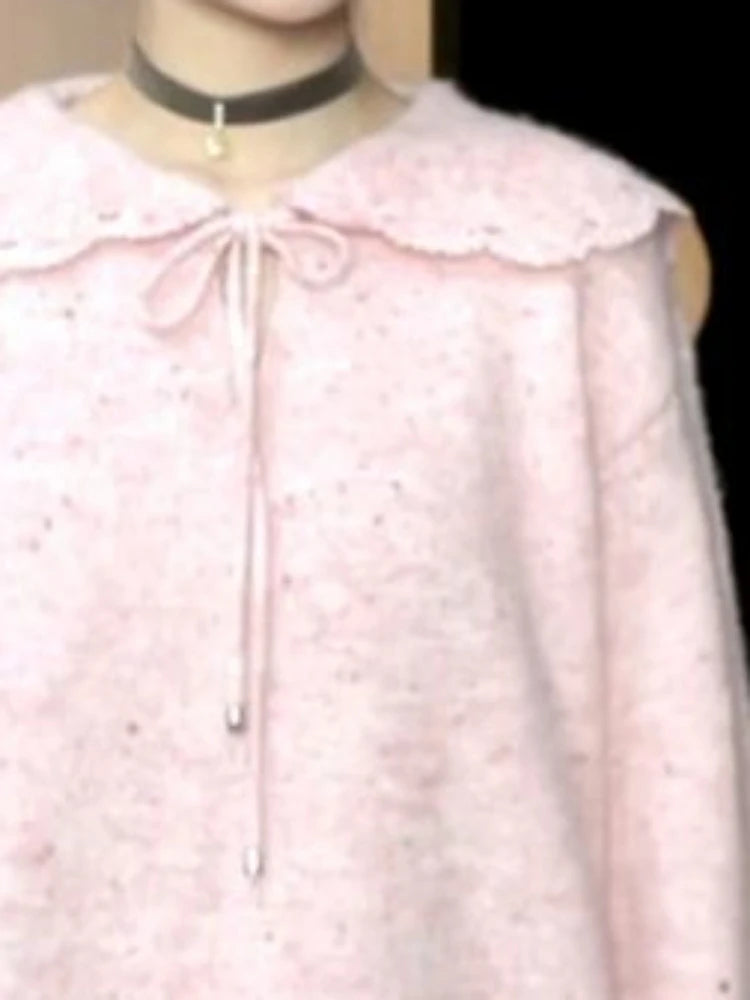 Y2k Aesthetic Women Sweet Fur Patchwork Sweaters Grunge Sailor Collar Bandage Jumpers Loose Knitted Harajuku Pullovers Female