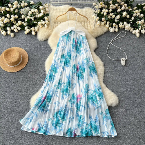 Load image into Gallery viewer, Summer New French Women's Blue Floral Patchwork Temperament Pleated Halter Lace-up Dress Vintage Elegant Backless Evening Dress
