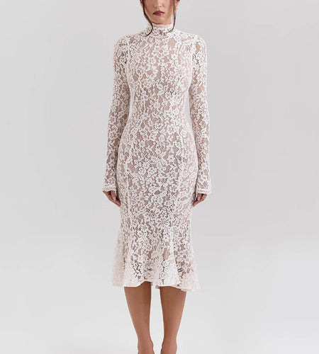 Lace Long Sleeve Sexy Midi Dress For Women Elegant White Half High Collar High Waist Bodycon Club Party Sexy Long Dress