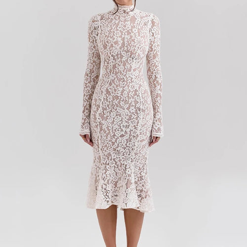 Load image into Gallery viewer, Lace Long Sleeve Sexy Midi Dress For Women Elegant White Half High Collar High Waist Bodycon Club Party Sexy Long Dress
