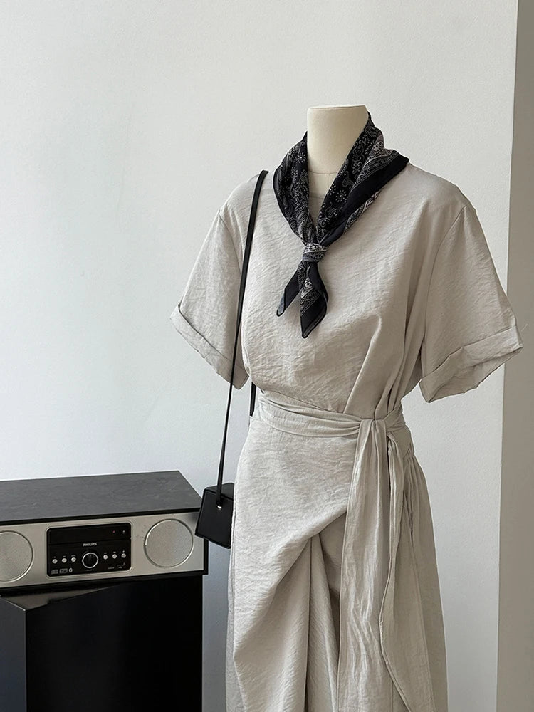 Women Navy Blue Cross Bandage Big Size Elegant Midi Dress New Round Neck Short Sleeve Fashion Spring Summer 2025 1DJ1359