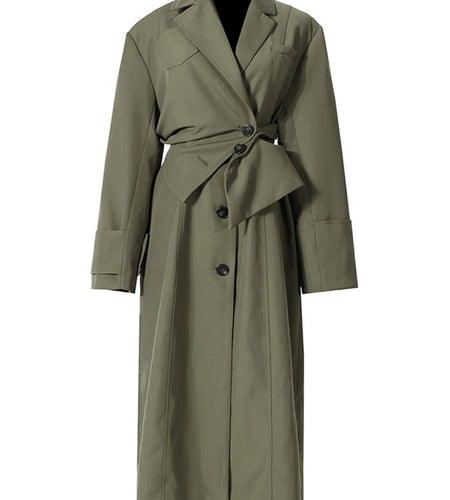 Women Green Irregular Big Size Trench New Lapel Long Sleeve Loose Fit Windbreaker Fashion Tide Spring Autumn 2025 1DE2795