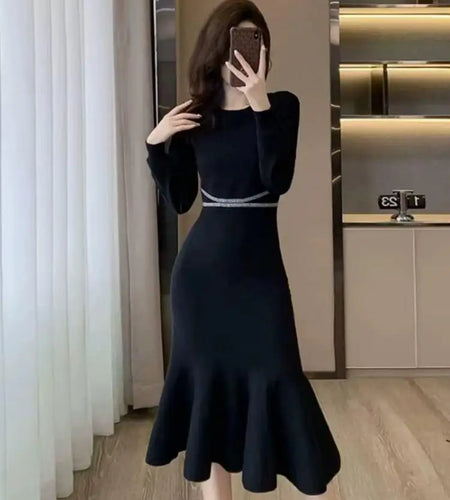 Korean Women's Elegant Round Neck Long Sleeve Fishtail Knit Dress Autumn Winter Black High Waist Festival Ruffle Edge Dress 2024