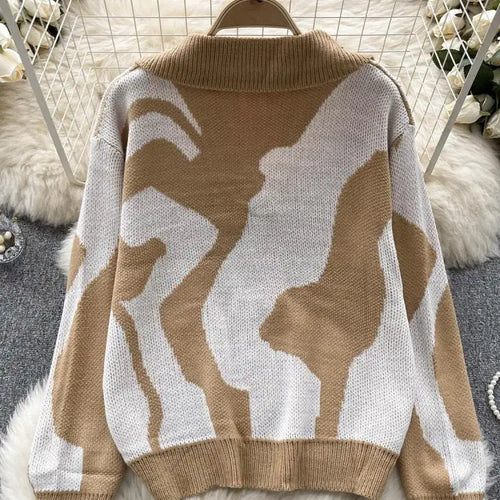 Load image into Gallery viewer, Korean Long Sleeved Patchwork Office Crochet Sweater For Women Autumn Winter Holiday Knit Pullover Tops Fashion Casual Popular
