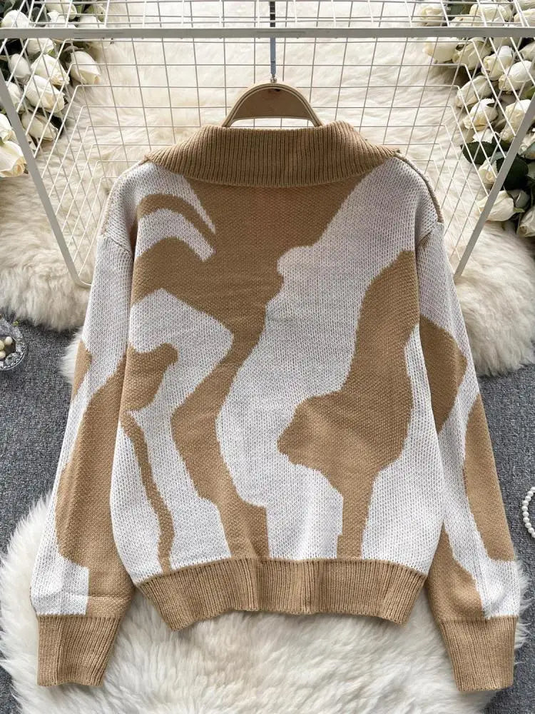 Korean Long Sleeved Patchwork Office Crochet Sweater For Women Autumn Winter Holiday Knit Pullover Tops Fashion Casual Popular