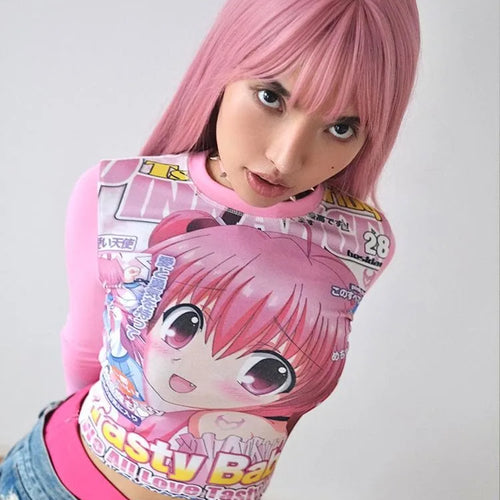 Load image into Gallery viewer, Harajuku Rose Red Grunge Crop Top Japanese Cartoon Printing Goth Women T Shirt  Y2k Aesthetic Casual Bottoming Streetwear Tees
