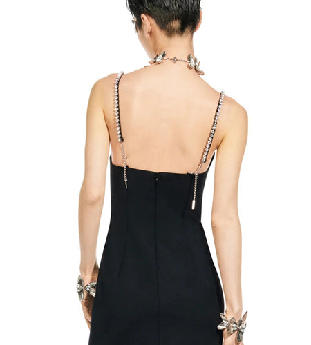 Solid Spliced Diamonds Chic Dresses For Women V Neck Sleeveless High Waist Temperament Slimming Sexy Dress Female