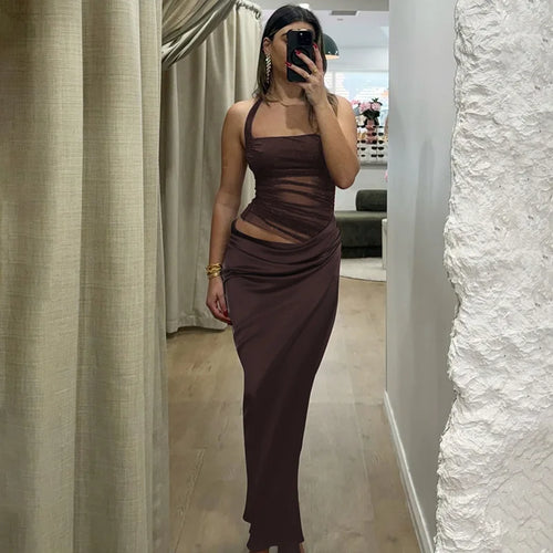 Load image into Gallery viewer, Mesh Patchwork Backless Sexy Maxi Dress For Women Gown Fashion Halter Sleeveless Strapless Bodycon Club Long Dress
