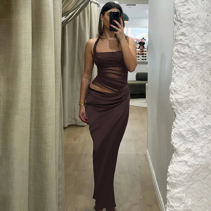 Mesh Patchwork Backless Sexy Maxi Dress For Women Gown Fashion Halter Sleeveless Strapless Bodycon Club Long Dress