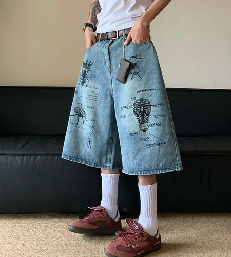 American Style Streetwear Denim Men's Shorts Loose Calf-Length Jeans Vintage Fashion Trend Male Summer 24E1081