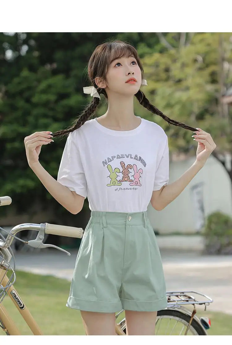 Spring Summer High Waist Solid Student Cotton Shorts Women Fashion Casual Versatile Button Pleated Short Pants Simplicity Korean