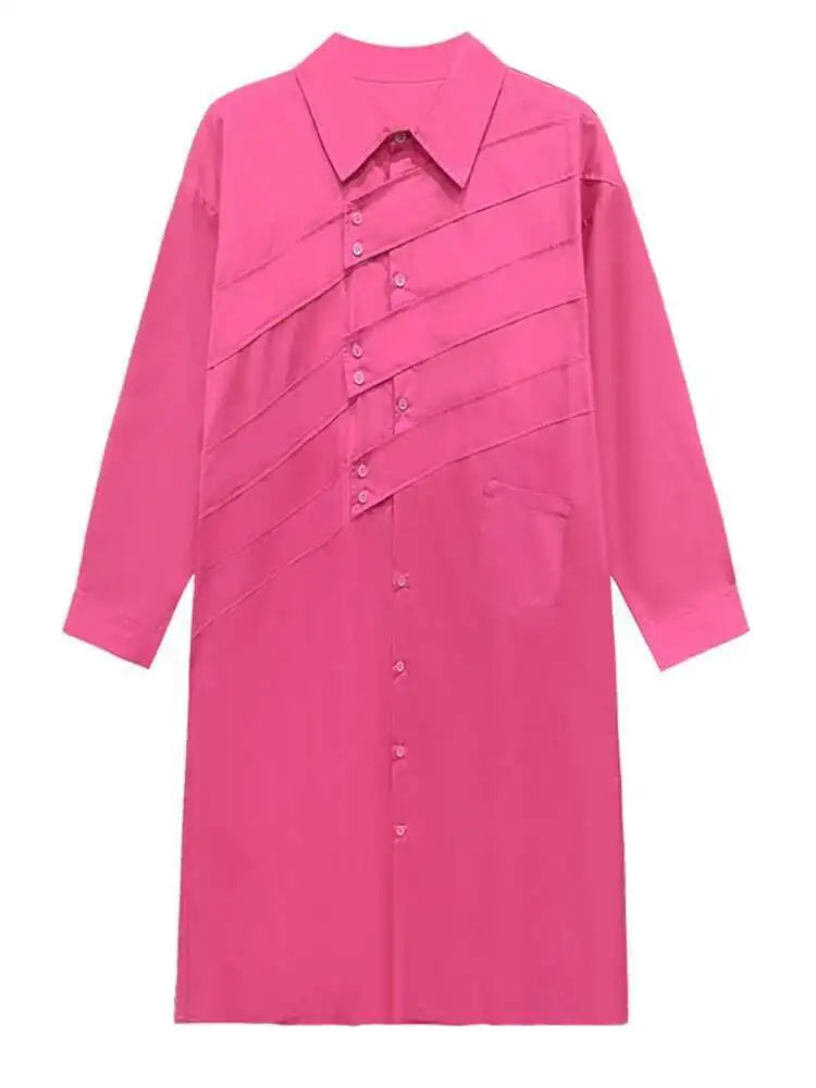 Women Rose Red Button Design Big Size Midi Shirt Dress New Lapel Long Sleeve Fashion Tide Spring Autumn 2025 1DH5165