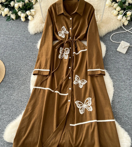 French Women Butterfly Embroidery Elegant Lace-up Shirt Long Dress 2025 Autumn New Retro Long Sleeved Button Holiday Party Dress