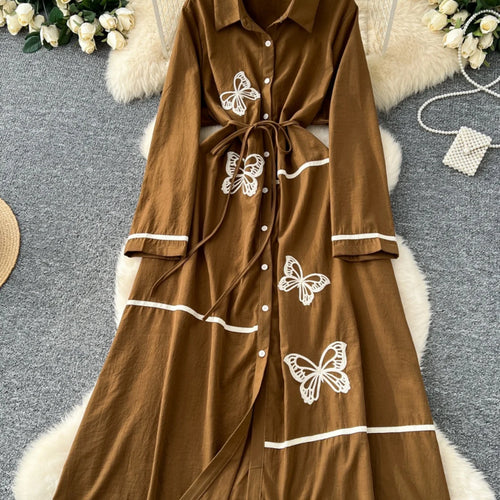Load image into Gallery viewer, French Women Butterfly Embroidery Elegant Lace-up Shirt Long Dress 2025 Autumn New Retro Long Sleeved Button Holiday Party Dress
