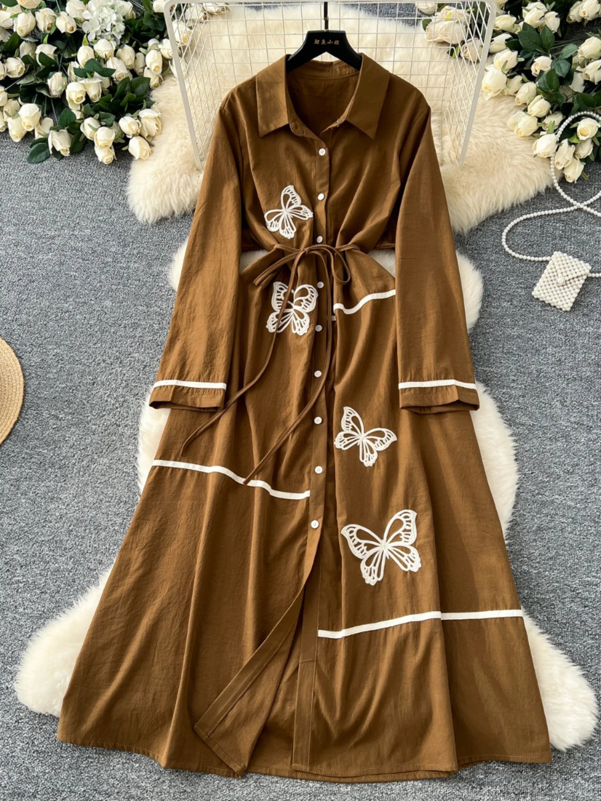 French Women Butterfly Embroidery Elegant Lace-up Shirt Long Dress 2025 Autumn New Retro Long Sleeved Button Holiday Party Dress