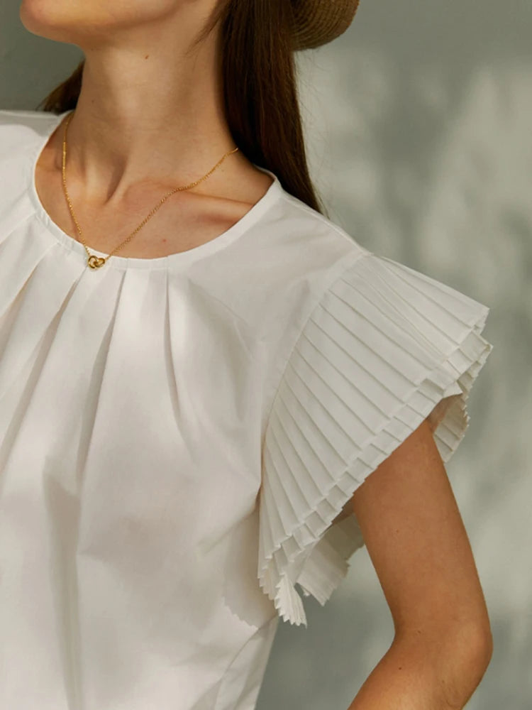 Korean Fashion Loose White Shirt For Women Round Neck Short Sleeve Ruched Minimalist Blouses Female Summer Clothing