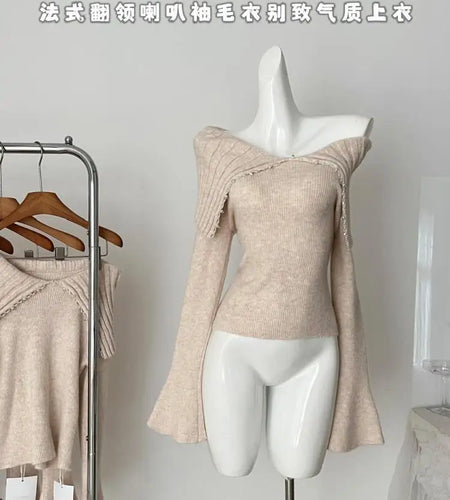 Korean Fashion Khaki Long Sleeve Versatile Sweater Women Autumn Winter Elegant Off Shoulder Pearl Knit Cotton Tops Popular Trend