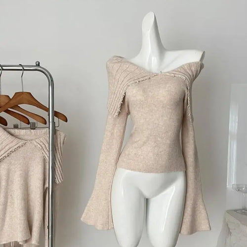 Load image into Gallery viewer, Korean Fashion Khaki Long Sleeve Versatile Sweater Women Autumn Winter Elegant Off Shoulder Pearl Knit Cotton Tops Popular Trend
