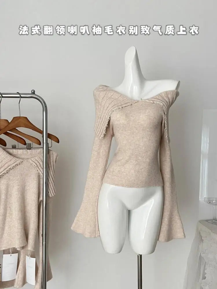 Korean Fashion Khaki Long Sleeve Versatile Sweater Women Autumn Winter Elegant Off Shoulder Pearl Knit Cotton Tops Popular Trend