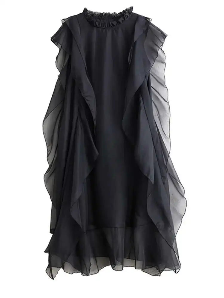 Women Black Ruffles Spliced Big Size Long Dress New Round Neck Short Sleeve Fashion Tide Spring Summer 2025 1DJ0327