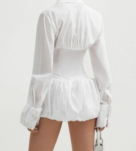 White Fold Design Dress Female Lapel Long Sleeve High Waist Slim Mini Flower Bud Dresses For Women Autumn New 2025