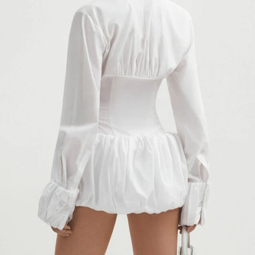 Load image into Gallery viewer, White Fold Design Dress Female Lapel Long Sleeve High Waist Slim Mini Flower Bud Dresses For Women Autumn New 2025
