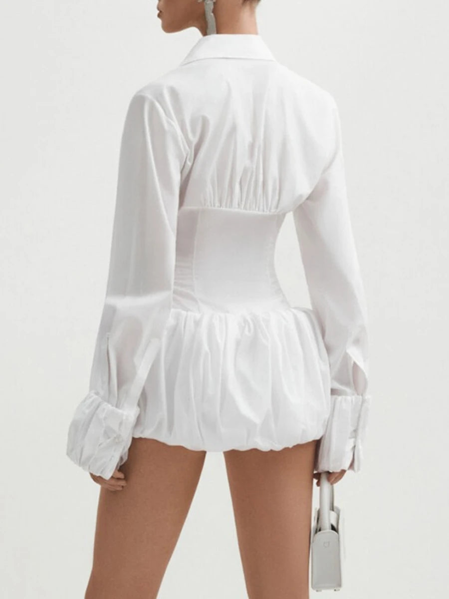 White Fold Design Dress Female Lapel Long Sleeve High Waist Slim Mini Flower Bud Dresses For Women Autumn New 2025