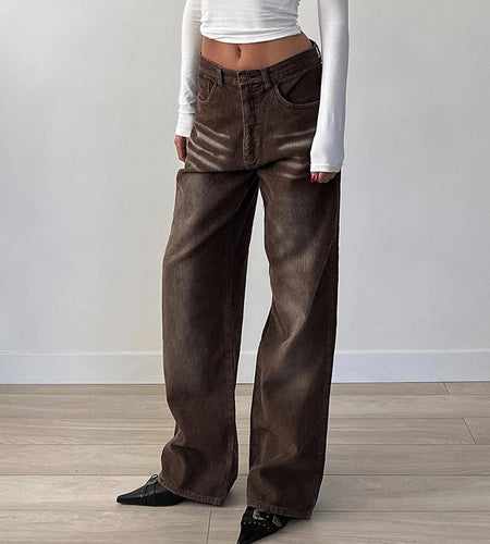 Vintage Brown Washed Basic Color Corduroy Jeans Women Pockets Color Wiping Full Length Trousers Straight Leg Bottoms