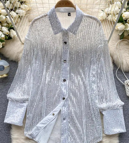 Spring Autumn Solid Elegant Single Breasted Blouses Women Y2k Sequin Shirts Long Sleeeve Versatile Tops Party Streetwear Fashion