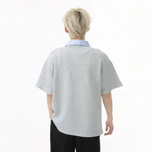 Load image into Gallery viewer, Men's Short Sleeve T-shirts Korean Simple Splicing Lapel Fake Two-piece Fashion Loose Male Clothing Pullover Top 9W1584
