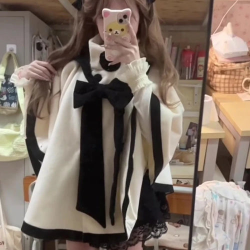 Load image into Gallery viewer, Japanese Cute Bow Lolita Cloak Coats Sweet Kawaii Fashion Y2k Aesthetic Capes High Collar Loose Casual Women Tops Streetwear
