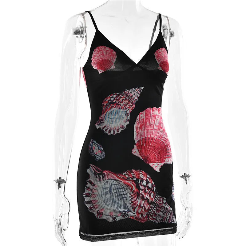 Spaghetti Strap Floral Print Mini Dress For Women Robe Summer New V Neck Sleeveless Backless Print Beach Holiday Dress