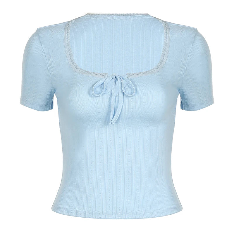 Korean Fashion Blue Knit Jacquard Summer T-shirt for Women Tie-up Lace Trim Basic Tee Shirts Sweet Preppy Style Girls