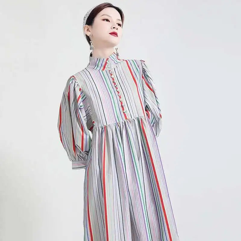 Women Striped Spliced Long Shirt Dress New Stand Collar Three-quarter Sleeve Loose Fit Fashion Spring Autumn 2025 1DE0219