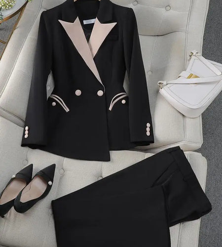 Autumn Winter 2024 Black Patchwork Elegant Blazer Tops And High Waist Ankle-length Pants Two Piece Set Office Business Clothing
