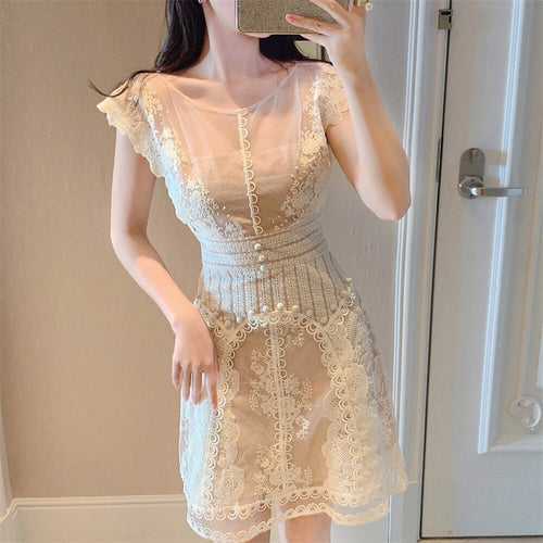 Load image into Gallery viewer, Mini Dresses For Women Slash Neck Sleeveless High Waist Tunic Mesh Sexy Summer Spliced Floral Dress Female Fashion
