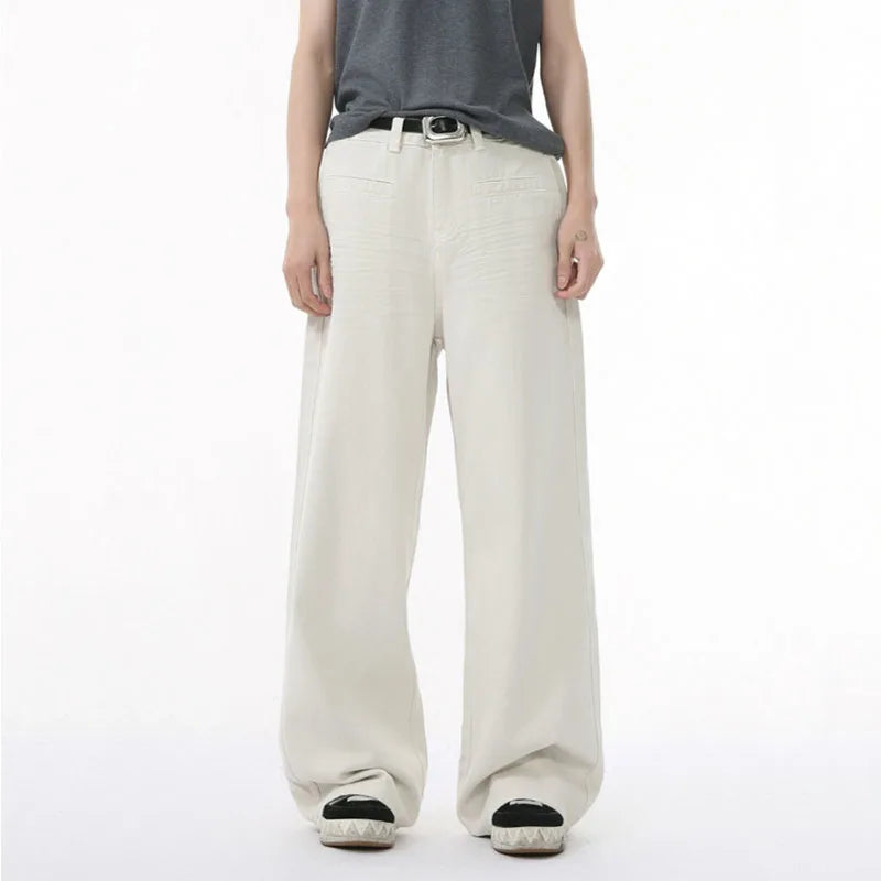 Men's Jeans Personality Pocket Reverse Wear Fold Design Solid Color Straight Wide Leg Denim Pants New Stylish 9W1589