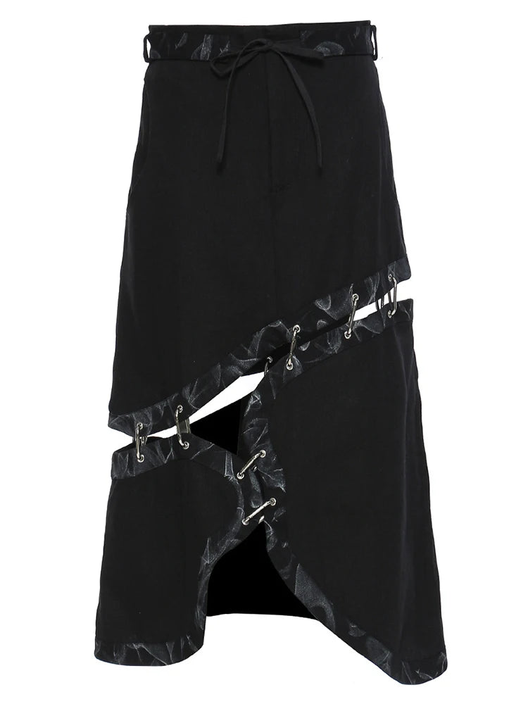 High Waist Black Detachable Irregular Printed Denim Half-body Skirt Women Fashion Tide New Spring Autumn 2025 1DH4523