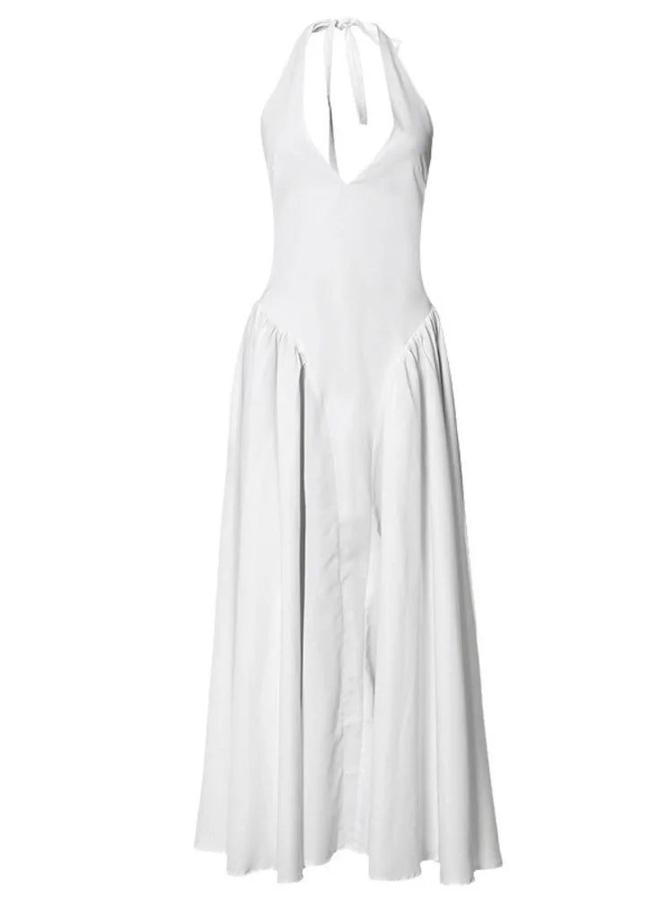 Elegant Sleeveless Bodycon Long Dress Women 2024 Summer New Sexy Hanging Neck Deep V-Neck Vestido Backless Evening Dress