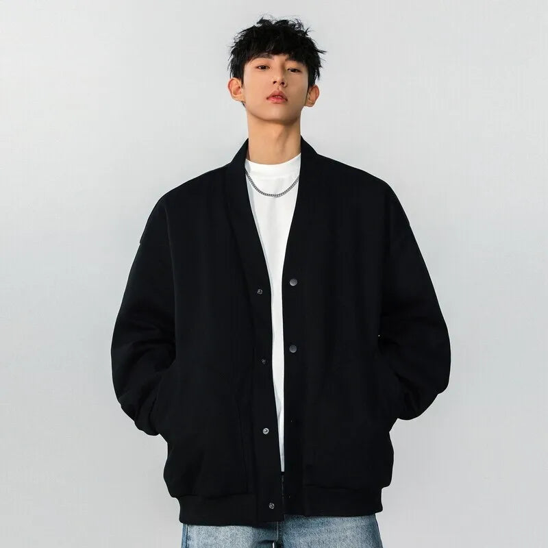 Fashion Men's Sweatshirts V-neck Single Breasted Solid Color Casual Menswear Loose Pocket Male Coats Korean Chic 9W1239
