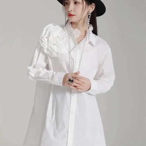 Load image into Gallery viewer, Women White Flower Big Size Long Blouse New Ruffles Collar Long Sleeve Shirt Fashion Tide Spring Autumn 2025 1DH4787

