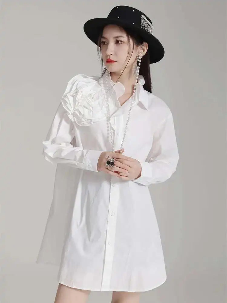 Women White Flower Big Size Long Blouse New Ruffles Collar Long Sleeve Shirt Fashion Tide Spring Autumn 2025 1DH4787