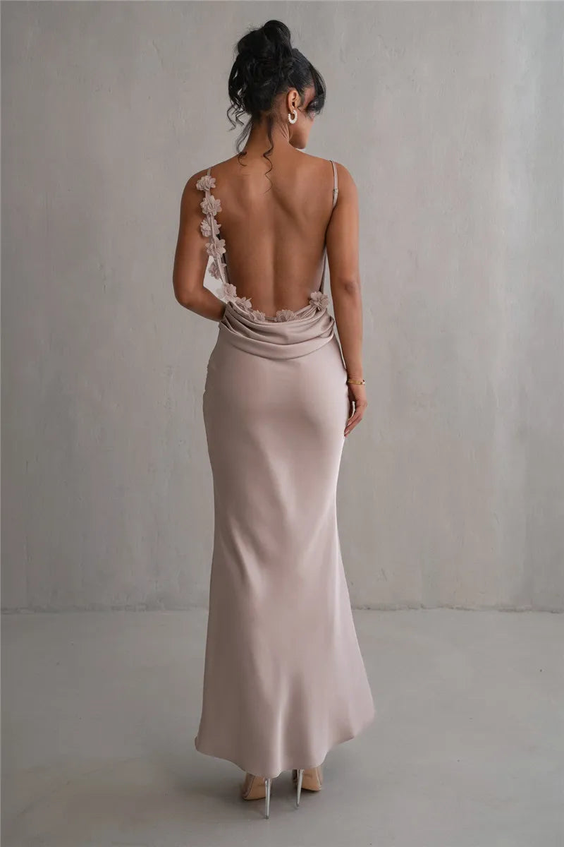 Floral Draped Backless Maxi Long Dress For Women Fashion Spaghetti Strap Sleeveless Bodycon Evening Party Dress Elegant