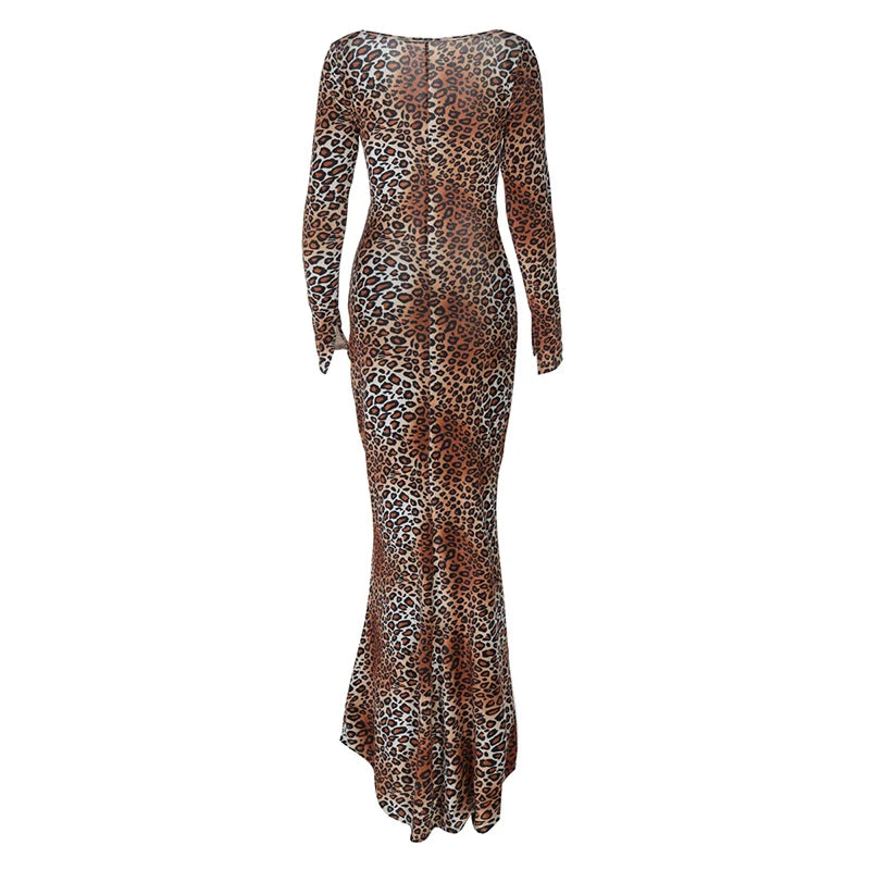 Leopard Print Long Sleeve Sexy Maxi Dress For Women Fashion Hollow Out Bodycon Printed Sexy Long Dress Elegant