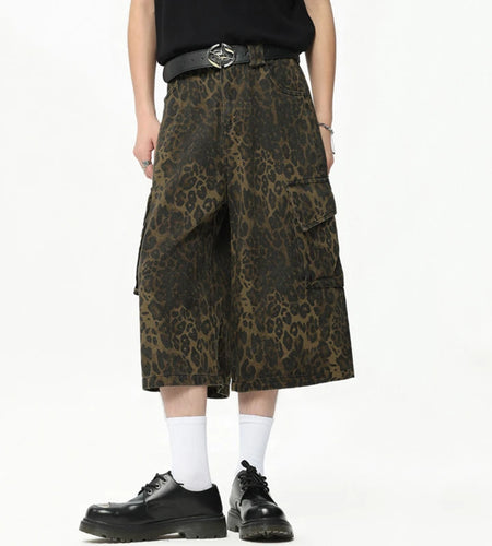 Streetwear Trendy Leopard Print Cargo Pants Summer New Camouflage Big Pocket Design Male Shorts Wide Leg 9C6628