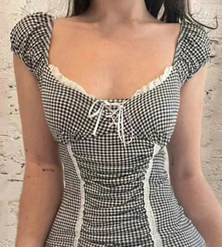 Y2K Vintage Suqare Neck Plaid Top Lace Trim Fold Summer T shirt Female Bow Tie Up Aesthetic Shirt Slim Ruched Outfits