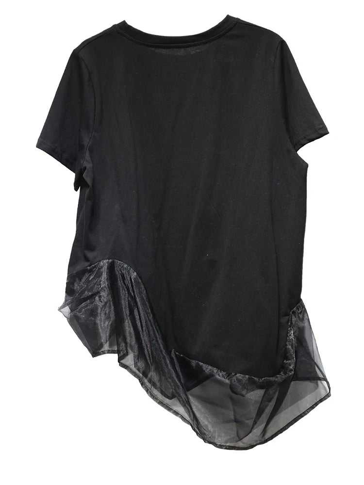 Women White Organza Irregular Hem Casual T-shirt New Round Neck Short Sleeve Fashion Tide Spring Summer 2025 1DJ1395